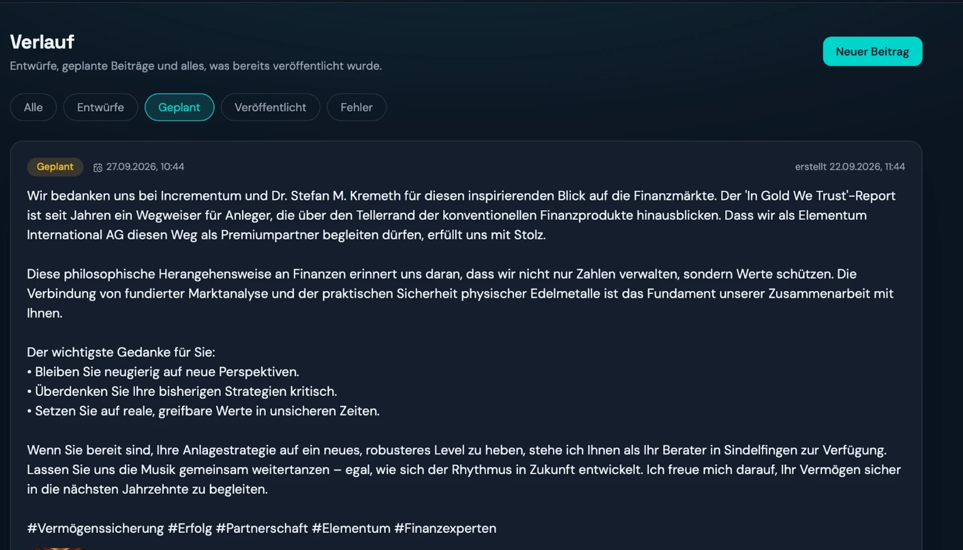 PostPilot Beitragsübersicht mit geplanten und veröffentlichten Posts