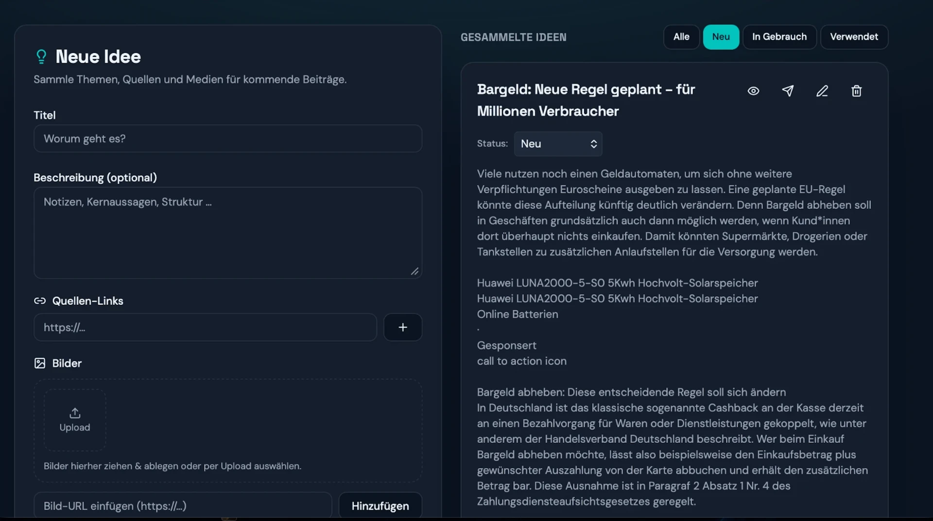 PostPilot Ideensammlung mit Themen, Links und Bildern
